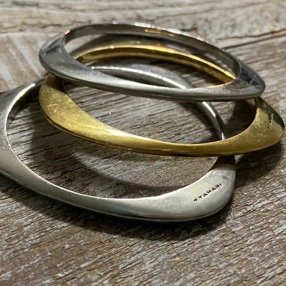 T Tahari Triangle Bangles, Set of 3- 2 Silver Tone, 1 Gold Tone